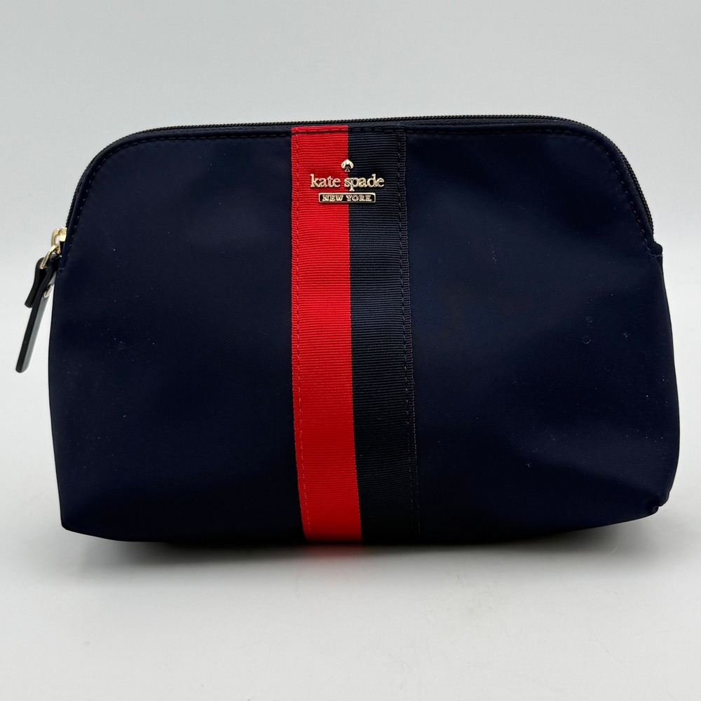Kate Spade Navy Nylon Cosmetic Bag Red Black Stripe Logo Makeup Pouch